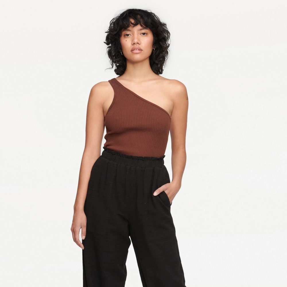 LACAUSA Brown One-Shoulder Tank Top 100% Cotton